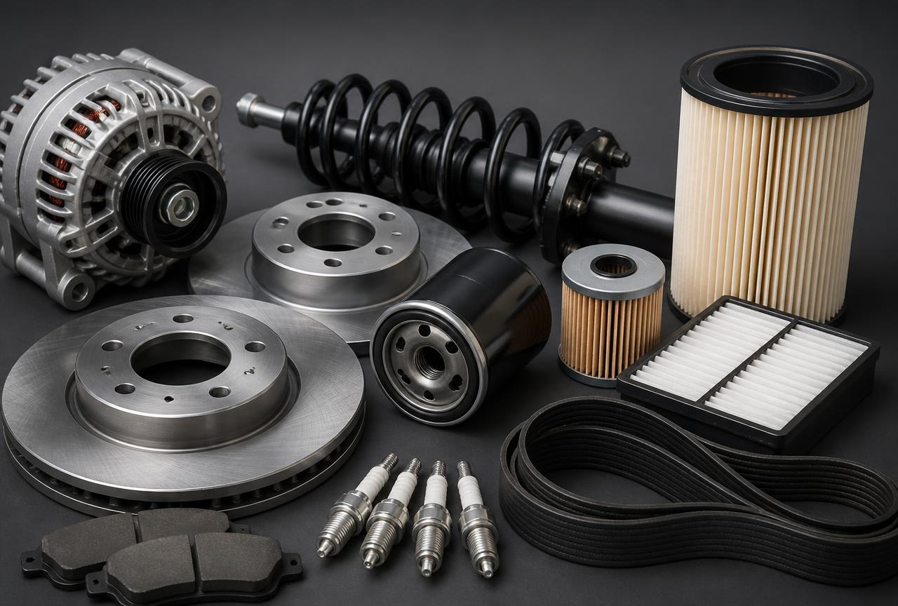 Assorted automotive spare parts including brake discs, filters and an alternator