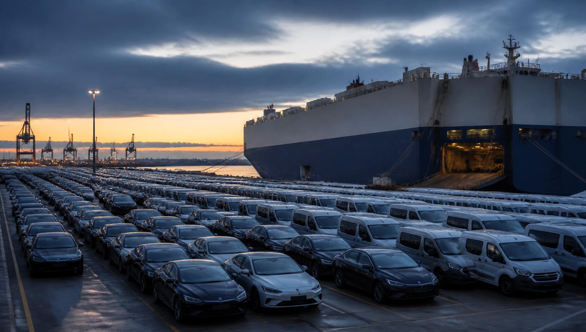 Cars and vans lined up at a vehicle shipping terminal beside a car carrier vessel